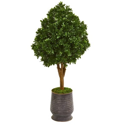Nearly Natural 49-in Tea Leaf Artificial Tree in Metal Planter (Indoor/Outdoor)