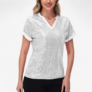 Anna-Kaci Women's Sequin Short Sleeve Top with Satin Trim V-Neckline and Rolled Cuffs - 1 of 4