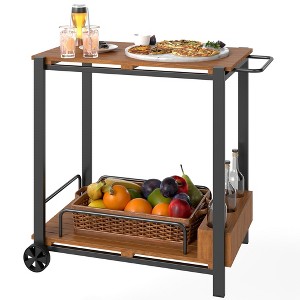 Outsunny Acacia Wood Outdoor Bar Cart with Wheels, Rolling 2-Tier Coffee & Drink Cart with 3 Bottle Holders, Outdoor Serving Cart for Patio, Teak - 1 of 4