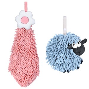 REGALWOVEN Flower and Sheep Shape Absorbent Fast Drying Chenille Hand Towels with Hanging Loop 6" x 15"/7" x 7" 2 Packs - 1 of 4