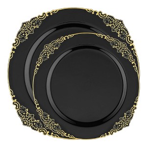 Smarty Had A Party Black w/ Gold Fancy Round Plastic Dinnerware Set - 120 Sets - 1 of 4