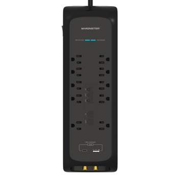 Monster 6ft Black Heavy Duty Power Strip Tower Surge Protector, 4050 Joule Rating, 10 120V-Outlets, 1 USB-A, and 1 USB-C Ports