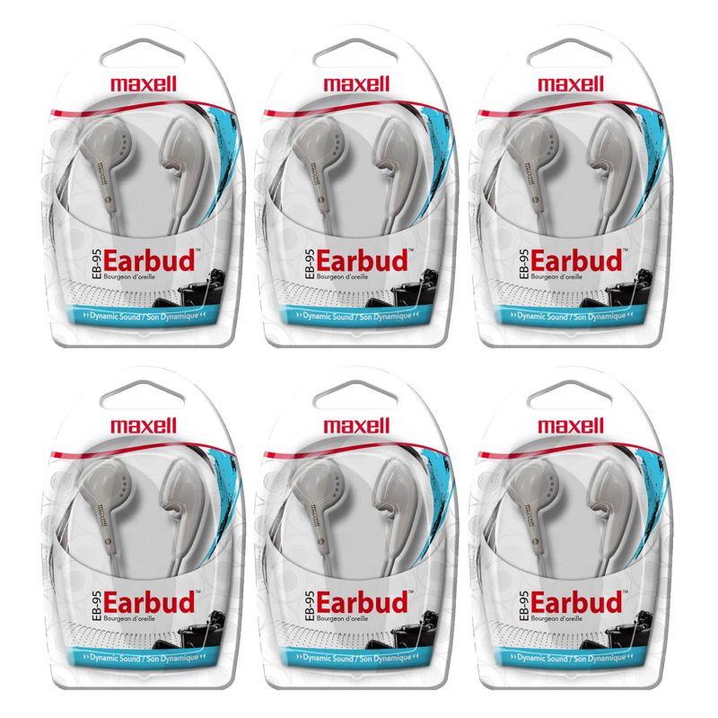 Maxell Budget Stereo Earbuds, White, Pack of 6, 1 of 5