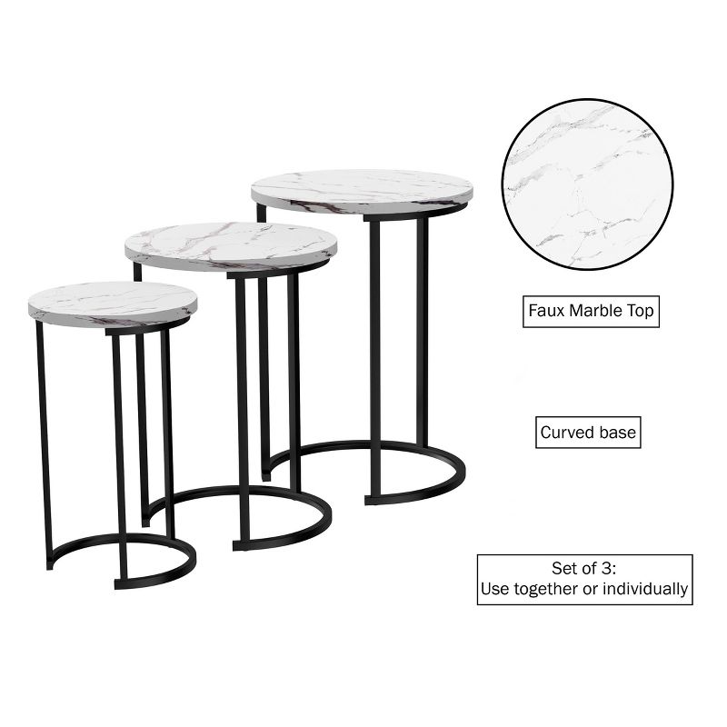 Hasting Home Set of 3 Round Living Room End Tables – Modern Faux Marble Top and Black Metal Base Nesting Tables or Nightstands, 4 of 9