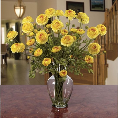 Yellow Silk Ranunculus Flower Arrangement in Glass Vase
