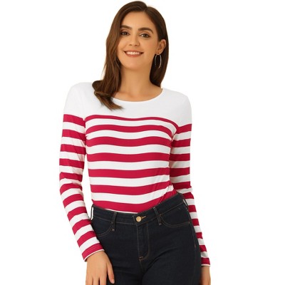 INSPIRE CHIC Women's Color Block Round Neck Long Sleeves Striped Basic T-Shirt