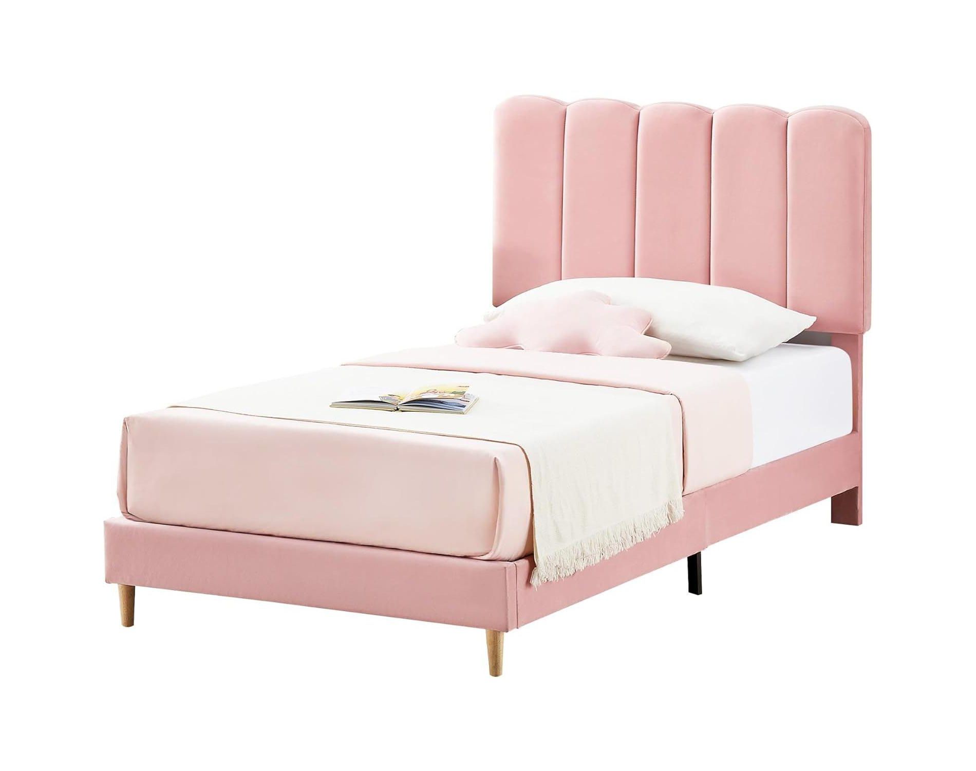Acekool Twin Bed Frame, Velvet Upholstered Platform Bed with Wave Headboard for Girls/Kids, Easy Assembly, No Box Spring Needed, Pink