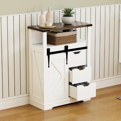 Whizmax Bathroom Floor Cabinet, Bathroom Cabinet Storage with Sliding Barn Door and 3 Drawers for Bathroom, Kitchen, Living Room, White