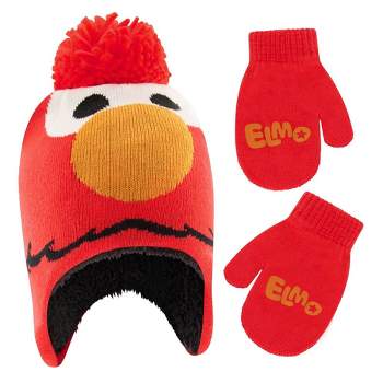 Elmo Boys Winter Beanie Hat and Mittens Set- Red/Orange (Age 2-4)