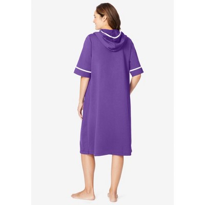 Plum Burst Cotton Blend Hooded Midi Robe with Piping