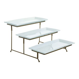 Gibson Gracious Dining Ceramic 3 Tier Rectangular Serving Platter, Appetizer Dessert Stand, Food Server Tray Display, Gold - 1 of 3