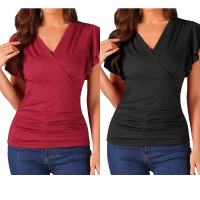 INSPIRE CHIC Women's Summer V Neck Ruffle Sleeve Casual Faux Wrap Blouse 2 Packs