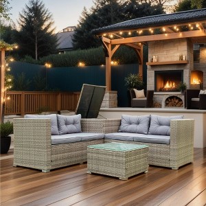 YOOCOZZ 4-Piece Outdoor Patio Wicker Rattan Sectional Sofa Set with 2 Loveseats, Storage Box and Table - Grey - 1 of 4