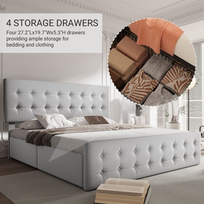 Full Size Upholstered Bed Frame with Storage Drawers and Headboard – Button Tufted Design, Sturdy Wooden Slats, No Box Spring Required, Easy Assembly