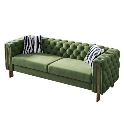 84" Chesterfield Velvet Sofa, Modern Tufted Couch with Gold Metal Arms, 700lb Capacity & Striped Pillows, Solid Wood Frame
