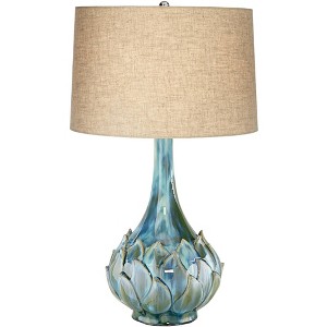 Possini Euro Design Modern Tropical Table Lamp with USB Dimmer 29 1/2" Tall Blue Green Ceramic Beige Drum Shade for Bedroom Living Room House Bedside - 1 of 4