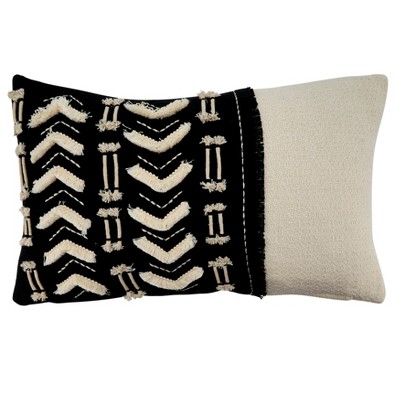 Saro Lifestyle Embroidered + Embellished  Decorative Pillow Cover, Black/White, 12"x20"