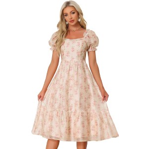 Allegra K Women's Floral Organza Square Neck Puff Short Sleeve Midi Dresses - 1 of 4