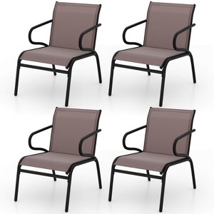 Costway Patio Chairs Set of 2/4/6 with Breathable Fabric & Metal Frame Armrests for Poolside Brown/Gay - 1 of 4