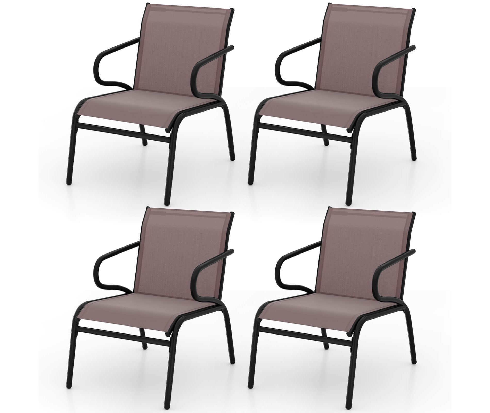Costway Patio Chairs Set of 4 with Breathable Fabric & Metal Frame Armrests for Poolside Brown
