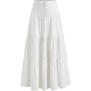 Women's Tiered Denim Maxi Skirt - High Waisted Button Down Long Jean Skirt White - 1 of 4