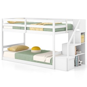 Infans Twin Over Twin Low Bunk Bed Solid Wood Floor Bunk Bed Frame with Storage Stairs - 1 of 4