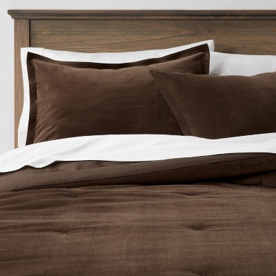 Full Queen Cotton Velvet Comforter and Sham Set Brown Threshold