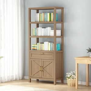 Homhougo 71" Bookcase, 6 Tier Bookshelf with Doors, 1 Drawer and Adjustable Shelves, Storage Cabinet Bookcase Floor Standing Bookshelves, Walnut - 1 of 4