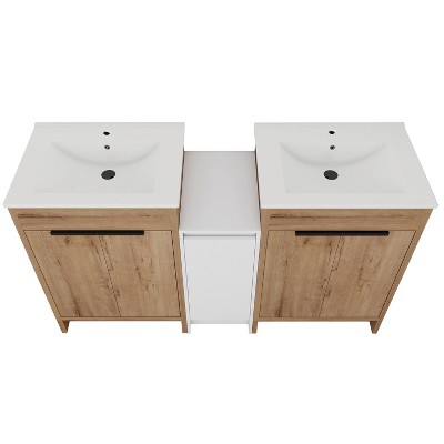 Vynxaria 60 in. Double Freestanding Glossy White Imitation Oak Plywood Bath Vanity with White Ceramic Top KD-PACKING Ready to Assemble
