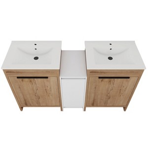 Vynxaria 60 in. Double Freestanding Glossy White Imitation Oak Plywood Bath Vanity with White Ceramic Top KD-PACKING Ready to Assemble - 1 of 4