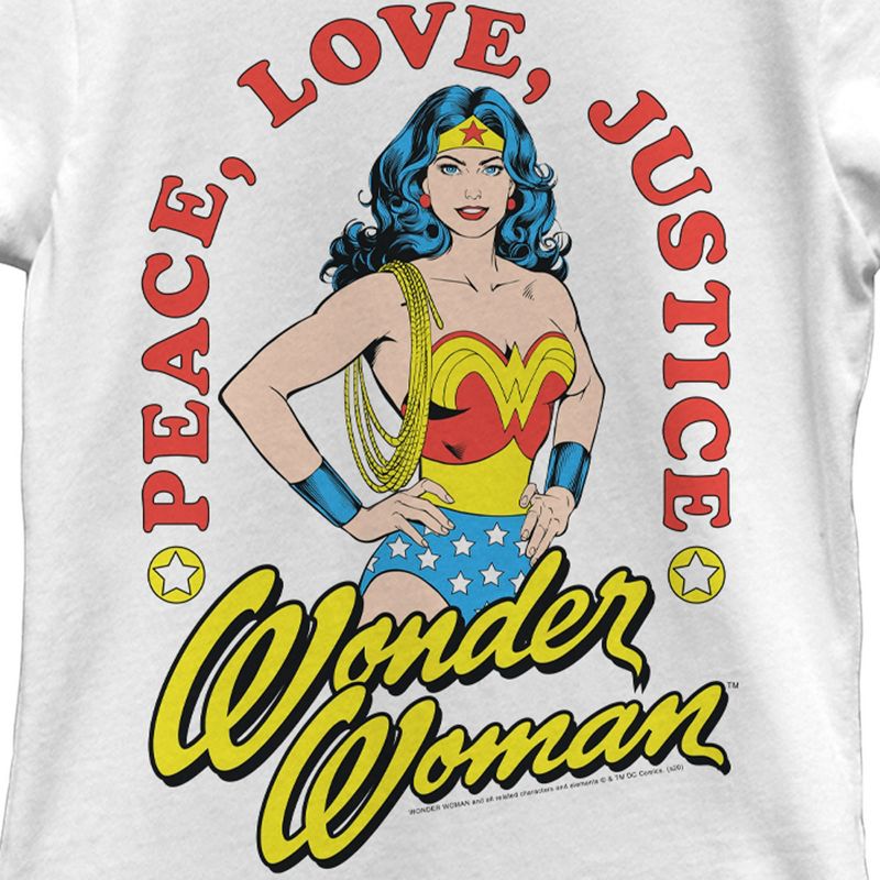 Girl's Wonder Woman Peace Love Justice Poster T-Shirt, 2 of 5