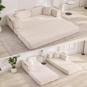 Convertible Couch - 78.7" Folding Sofa Bed with 2 Pillows, Plush Corduroy Boneless Convertible Sofa, No Assembly Required - 1 of 4