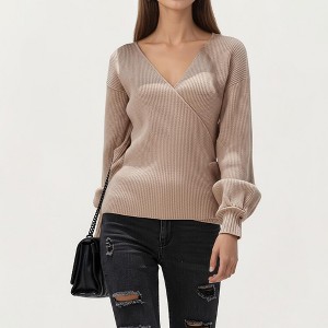 Anna-Kaci Women’s Ribbed Knit Wrap Front Top with Textured Fabric, Long Sleeves and a V-Neckline - 1 of 4