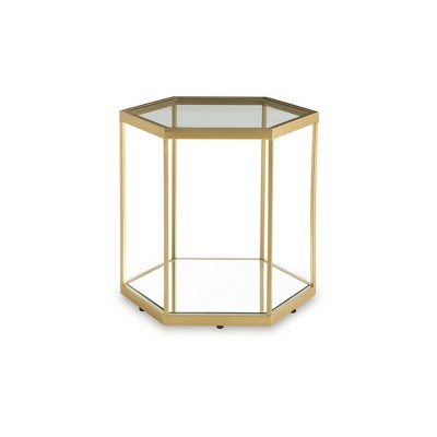 Veerwick Gold Hexagonal Glass Accent Table with Mirrored Inset