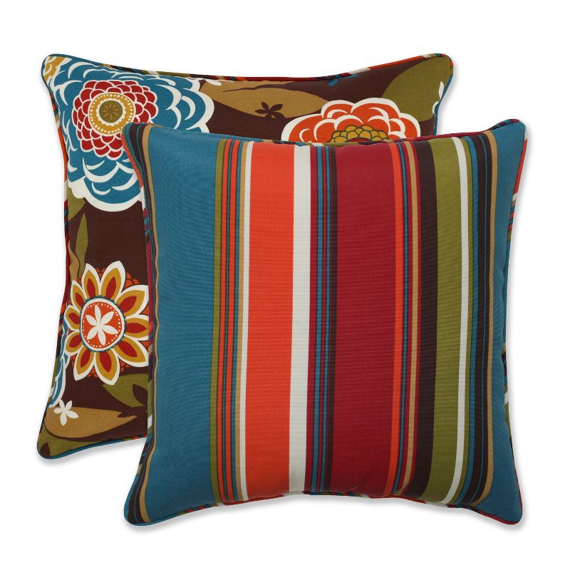 Outdoor 2-Piece Reversible Square Toss Pillow Set - Brown/Turquoise Floral/Stripe - Pillow Perfect, 3 of 11