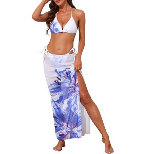 INSPIRE CHIC Women's Floral Halter Triangle Long Sheer Cover Up Skirt Swimwear Bikini Sets 3 Pieces - 1 of 4