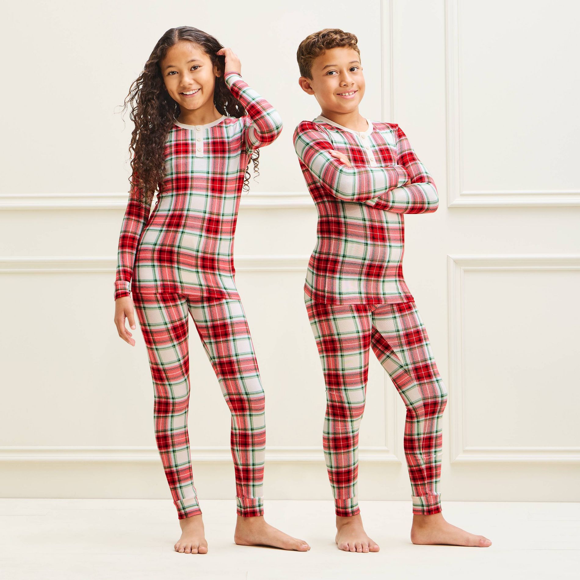 Kids' Holiday Plaid Cozy Knit Matching Family Pajama Set - Wondershop™ Cream
