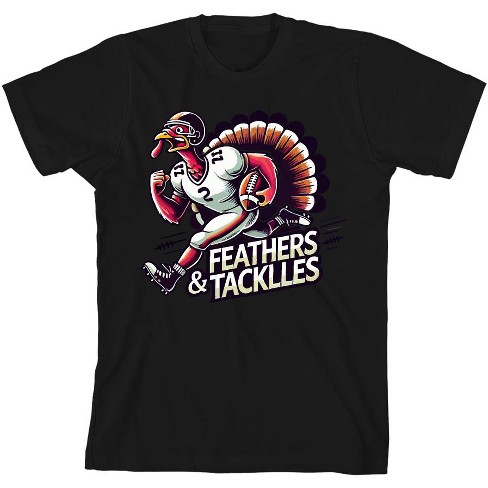 Thanksgiving Feathers & Tackles Turkey Football Player Adult Crew Neck Short Sleeve Tee - image 1 of 2