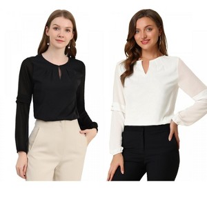 Allegra K Women's Chiffon Semi Sheer Keyhole Neck Elegant Work Blouse 2 Packs - 1 of 4