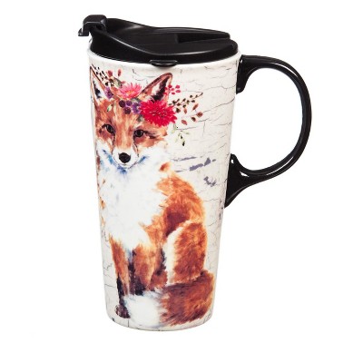 Evergreen Cypress Home Ceramic Travel Cup w/box, 17 OZ., Fox with Head-dress