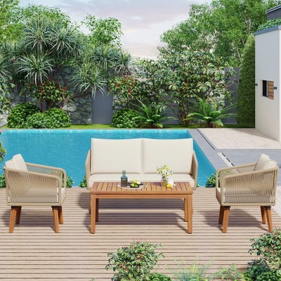 4pcs Outdoor Conversation Set, Patio Upholstered Seating Group with a Loveseat Sofa, a Coffee Table and Two Chairs -ModernLuxe