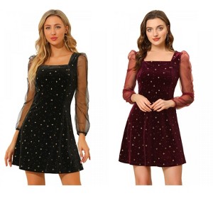 INSPIRE CHIC Women's Mesh Sheer Puff Long Sleeve Square Neck Glitter Star Mini Velvet Dress 2 Packs - 1 of 4