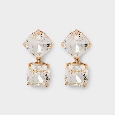 Double Crystal Round Drop Earrings - Gold