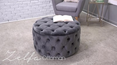Gray Velvet Tufted Round Ottoman with Button Detailing