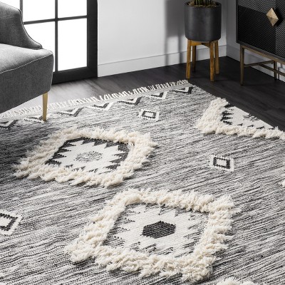 Savannah Moroccan Black Wool Shag Rug with Geometric Pattern