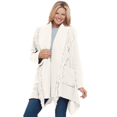 Woman Within Women's Plus Size Fringed Shawl Collar Fleece Jacket