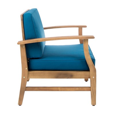 Perla Blue Acacia Wood Club Chairs with Cushions, Set of 2