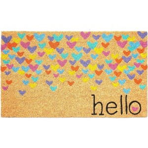 HomeRoots 17" X 29" Natural Blue and Yellow Coir Heart Outdoor Valentine's Day Door Mat - 1 of 3