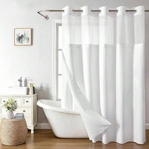 White hotel luxury decor shower curtain with linen texture and snap - in fabric liner, mesh top window - 1 of 4