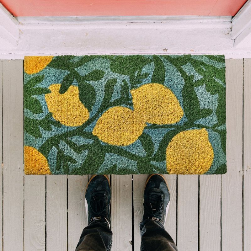 TAG 1'6"x2'6" Lemon Large Size Lemon Vine Print Rectangle Indoor and Outdoor Coir Door Welcome Mat Yellow on Blue Background, 3 of 4